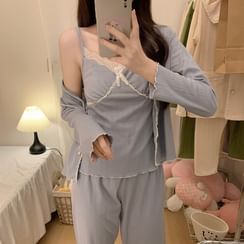Siensien - Pajama Set: Plain Camisole Top + Light Jacket + Pants
