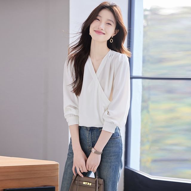Skyheart-Long Sleeve V-Neck Plain Wrap Blouse