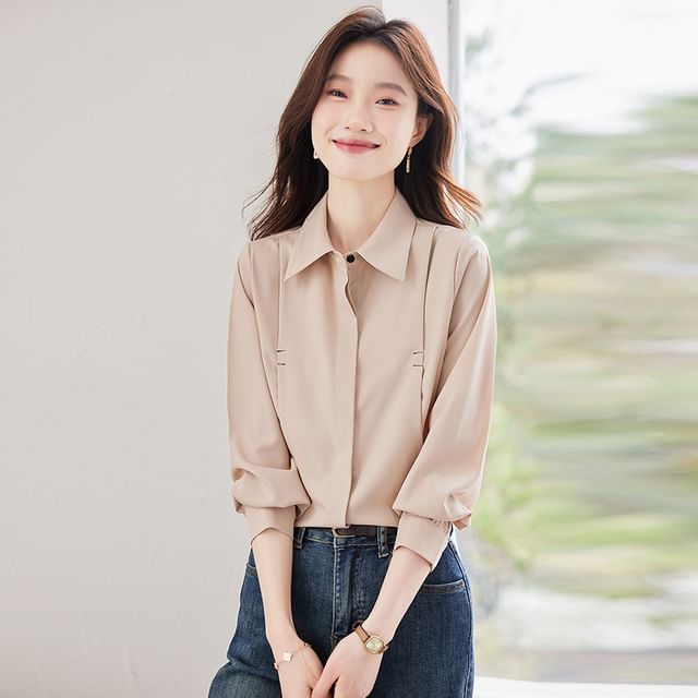 Skyheart-Long Sleeve Collared Plain Panel Shirt