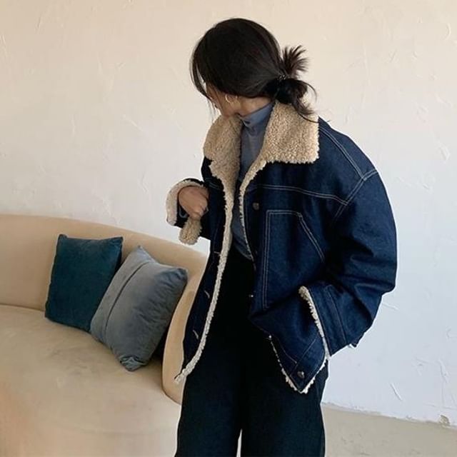 Fabricino-Fleece-Lined Button-Up Denim Jacket