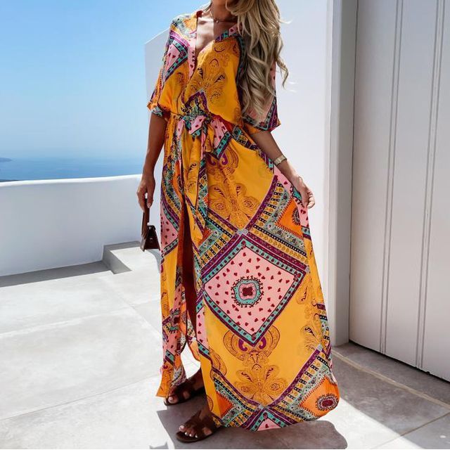 Elbow-Sleeve Print Slit Maxi Dress 