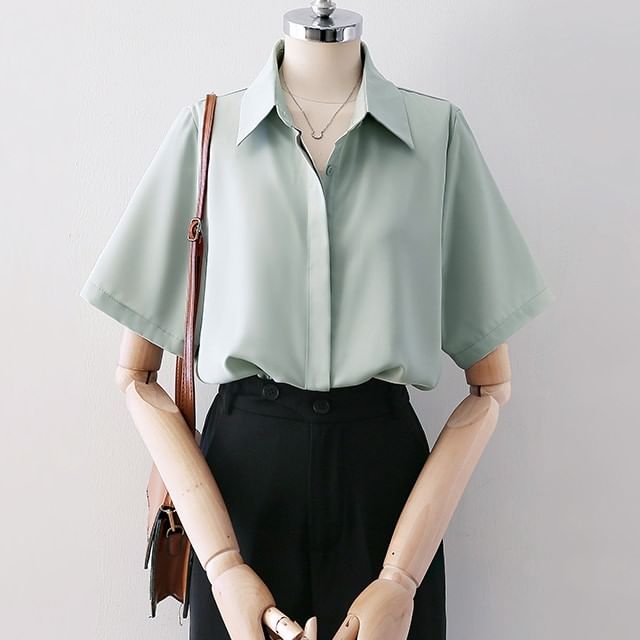 Cossita-Short-Sleeve Plain Satin Shirt