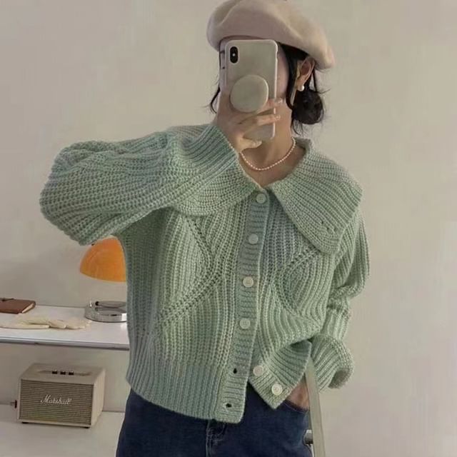 INEN-Peter Pan Collar Plain Button Knitted Crop Cardigan