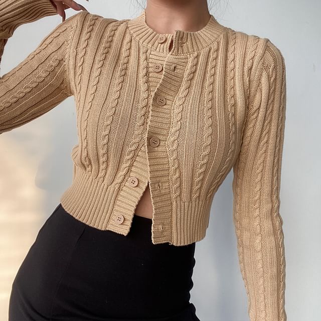 Sinora-V-Neck Plain Cable Knit Cropped Cardigan