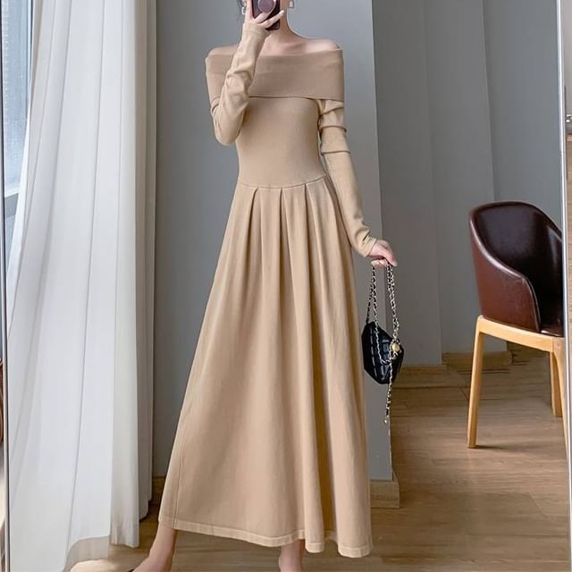 Lewwe - Off-The-Shoulder Long Sleeve Plain Knit A-Line Pleated Maxi Dress |  YesStyle