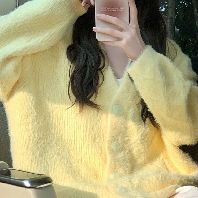 Shinsei-V-Neck Plain Fluffy Button-Up Cardigan