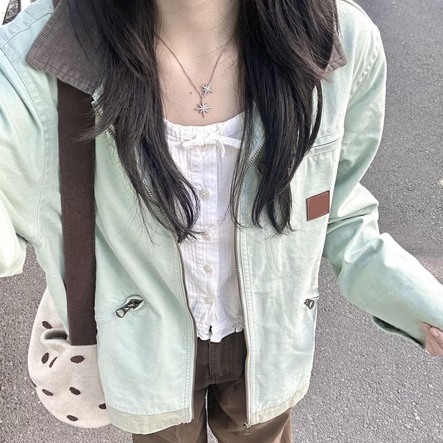 Dreamkura-Contrast Collar Zip-Up Jacket