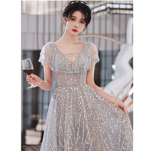 Bow Sequin Short Sleeve Gown