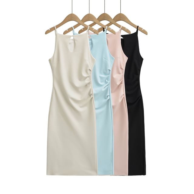 Ulark-Spaghetti Strap Plain Ruched Midi Sheath Dress