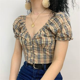 Sistyr - V Neckline Plaid Puff-Sleeve 