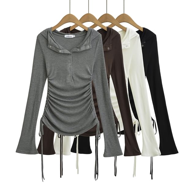 Ulark-Long-Sleeve Plain Drawstring Hooded Half-Buttoned Slim Fit Top