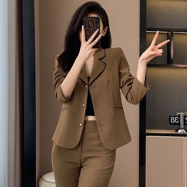 Skyheart-Plain Single-Breasted Blazer High Waist Straight Leg Slacks Set