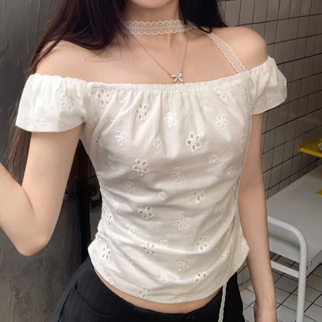 Beem-Short-Sleeve Off Shoulder Eyelet Crop Top