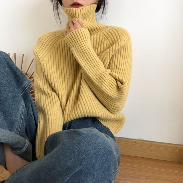 Odestra-Turtleneck Plain Ribbed Sweater