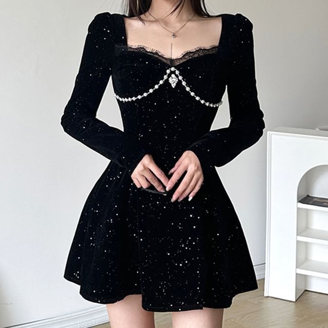 PolkaBella - Long-Sleeve Square Neck Glitter Velvet Mini A-Line Dress |  YesStyle