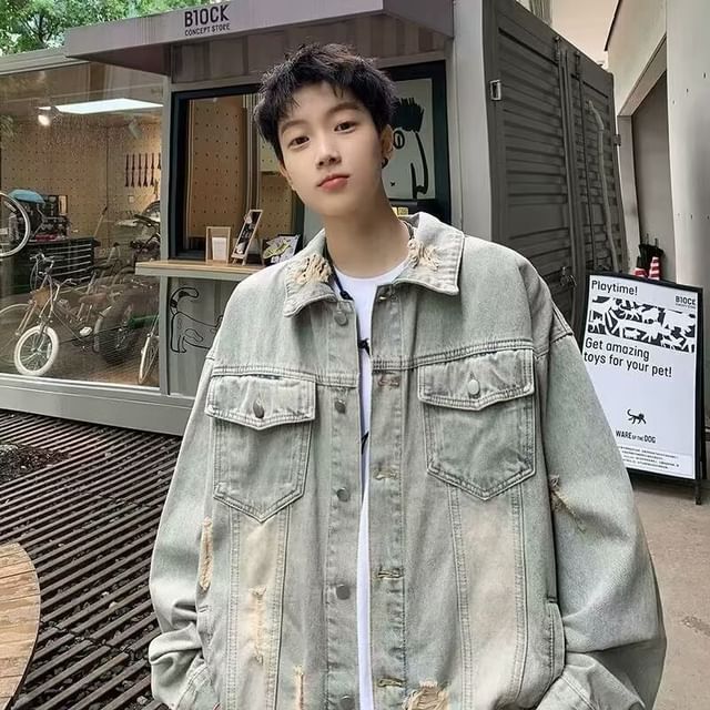 Wescosso-Collared Washed Distressed Denim Button Up Jacket