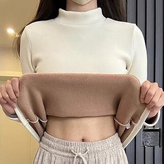 Maisee-Long-Sleeve Mock Neck Plain Fleece Tee