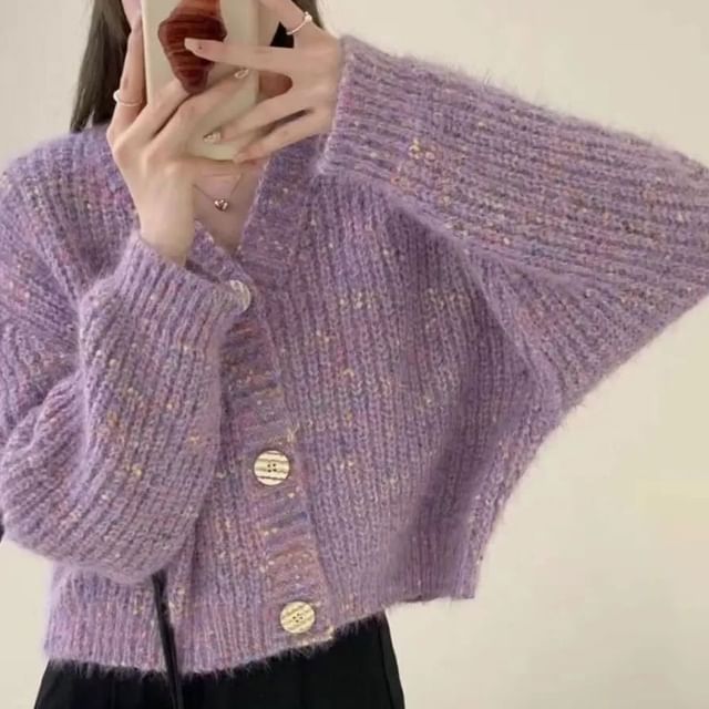 monroll-Crewneck Melange Button-Up Cardigan