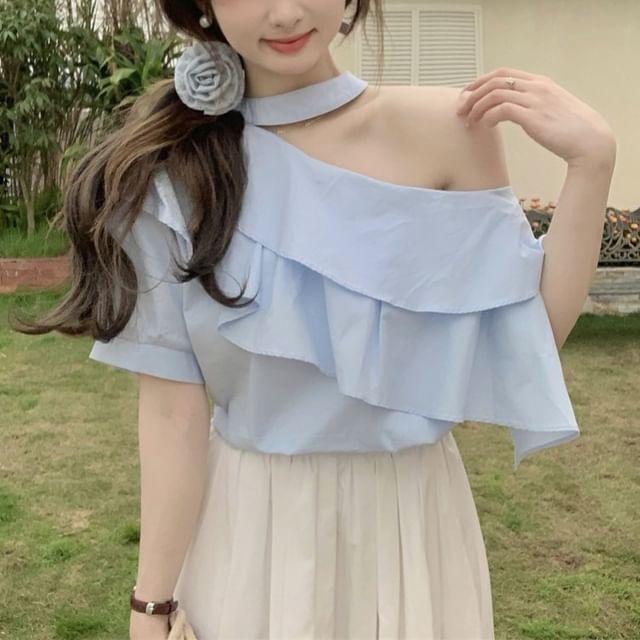 ANORA-Short-Sleeve Cold-Shoulder Plain Blouse