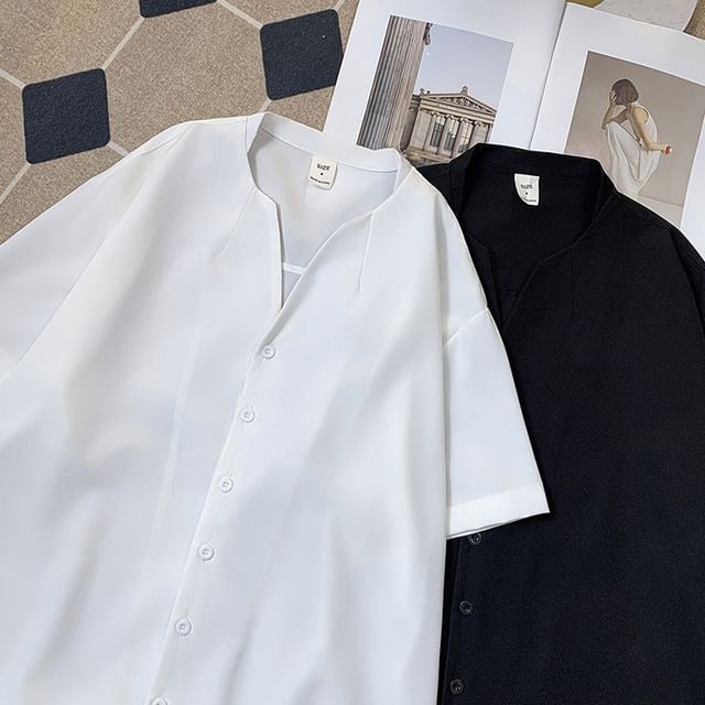 Whyessa-Short-Sleeve Plain Button-Up Shirt