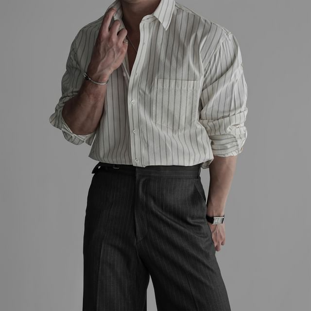 mopagrati-Long-Sleeve Striped Button-Up Shirt
