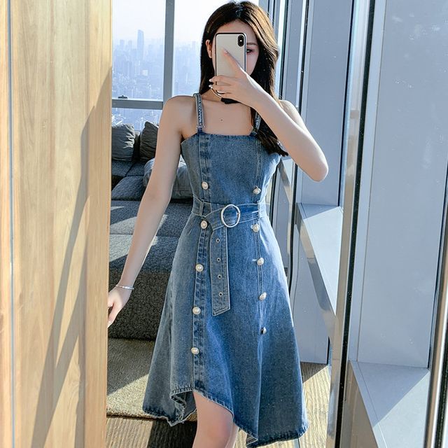 AMOS - Spaghetti Strap Belted A-Line Denim Dress | YesStyle