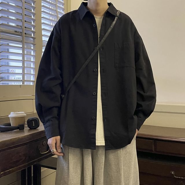 Wolfkane-Long Sleeve Collared Plain Button Shirt