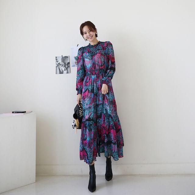 Lemite - Ruffled Leopard Chiffon Long Dress