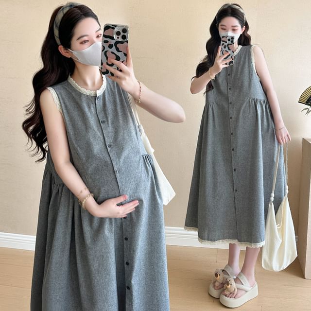 NEUF-Maternity Sleeveless Round Neck Contrast Lace Trim Button-Up Midi Tunic Dress