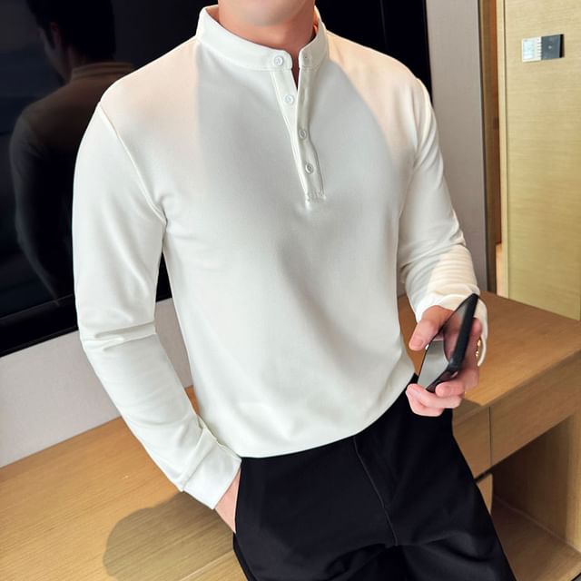 Lefitt-Long Sleeve Band Collar Half Placket Plain Top