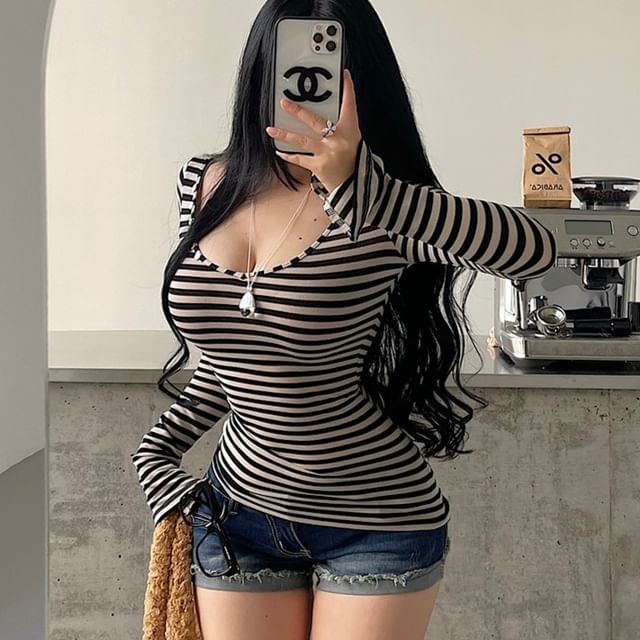 RainGirl-Long-Sleeve Scoop Neck Striped Tee