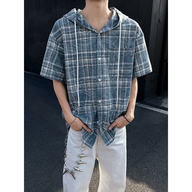 Freehop-Short-Sleeve Plaid Drawstring Hooded Button Jacket