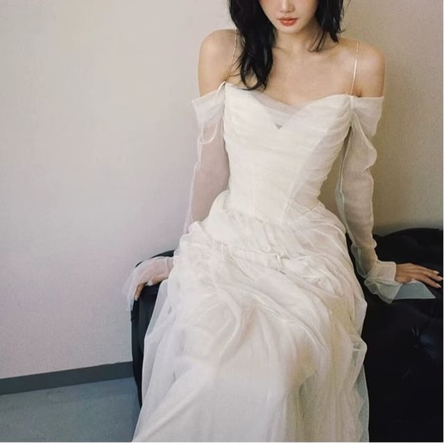 DreesHouse-Long Sleeve Off Shoulder Plain Ruched Mesh A-Line Wedding Gown
