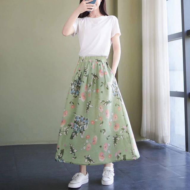 Mori Girls Elastic-Waist Floral Print Midi Skirt YesStyle