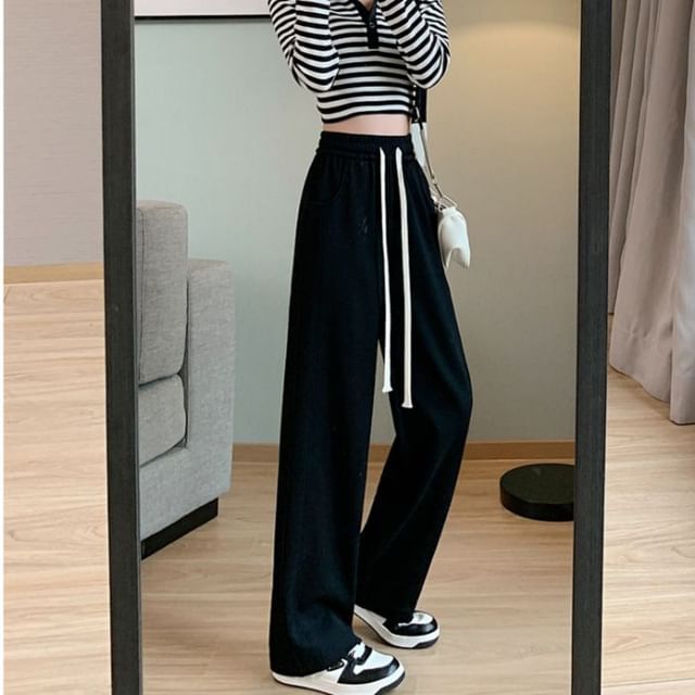 Dovitade-Drawstring Waist Plain Wide Leg Pants
