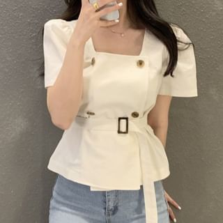 Coris-Short-Sleeve Square Neck Plain Peplum Blouse
