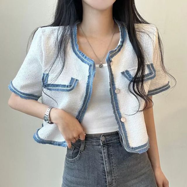 Coris-Short-Sleeve Plain Contrast Trim Jacket