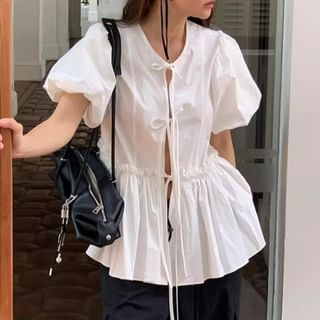 Coris-Puff-Sleeve Plain Lace-Up Peplum Blouse