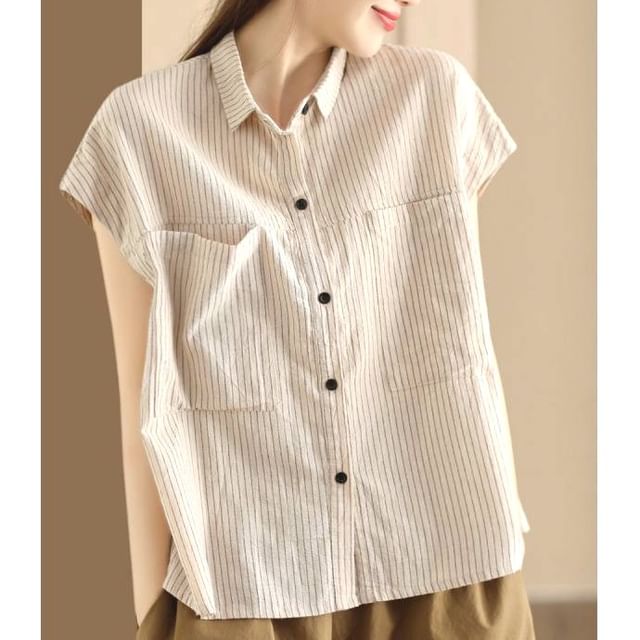 Lewwe-Cap-Sleeve Striped Pocketed Shirt