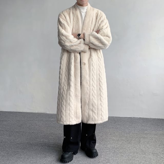 Orungeetun-V-Neck Plain Fluffy Button-Up Long Coat