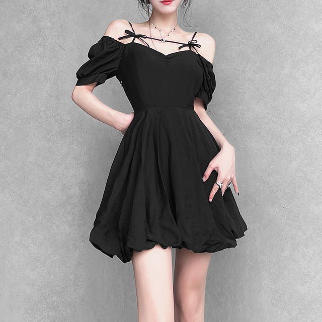 blue dress for baby girl Simple Black Short Prom Dresses with Sleeves Off Shoulder – jkprom