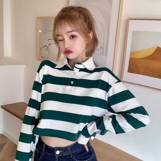 striped cropped polo long sleeve