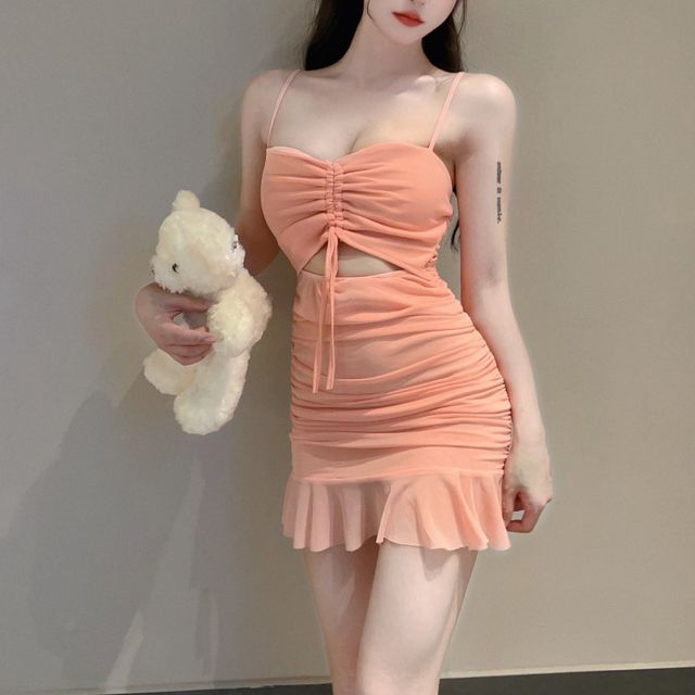 knee length dresses for ladies Ruched Drawstring Side Ruffle Hem Mesh Dress main image 0