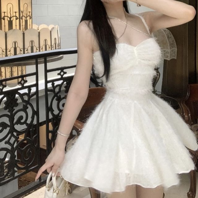 Magma-Spaghetti Strap Mesh Mini A-Line Dress