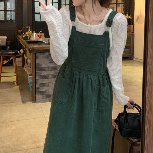Okalpis Pocket A-Line Plain Corduroy Pinafore Dress YesStyle - Main Image