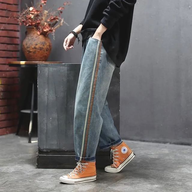 Lewwe-High Rise Striped Side Harem Jeans