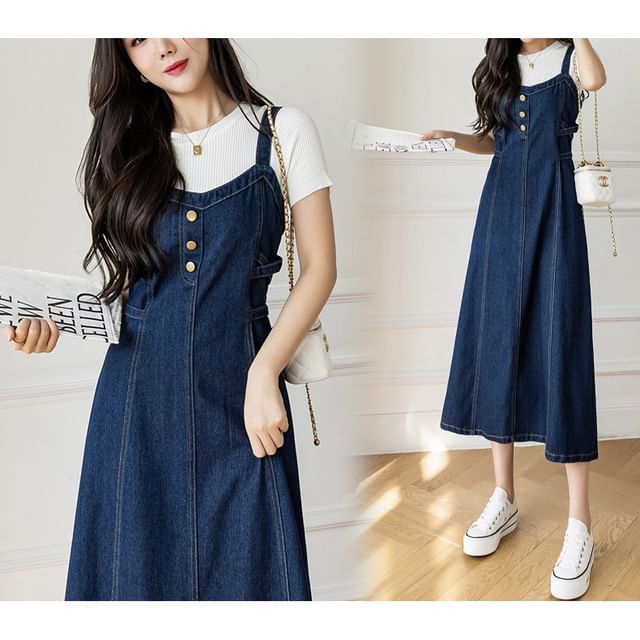 Lewwe - V-Neck Washed Buttoned Denim Midi A-Line Denim Dress | YesStyle