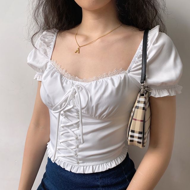 Sinora Ruffle Trim Short-Sleeve Lace-Up Cropped Blouse YesStyle