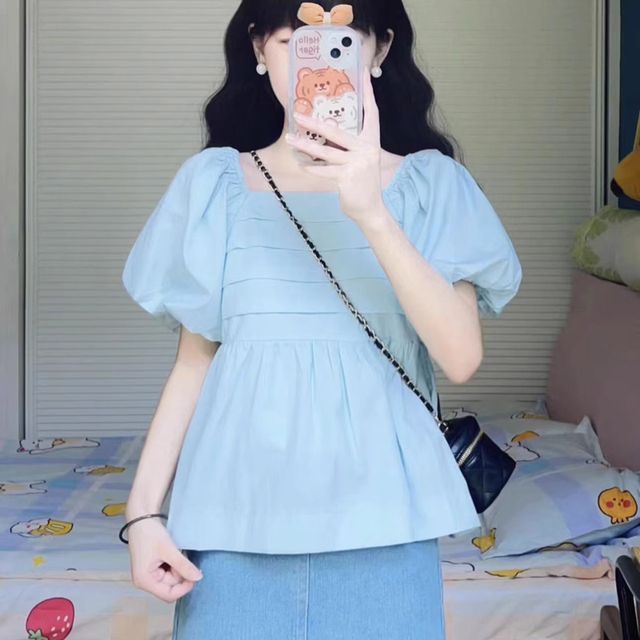 Everose-Puff-Sleeve Square Neck Plain Flowy Blouse
