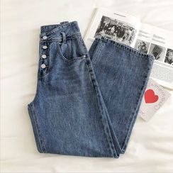 DIYI - Plain High-Waist Single-Breasted Jeans DIYI - Plain High-Waist Single-Breasted Jeans